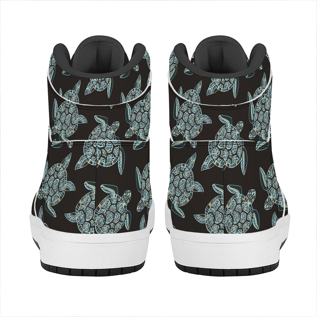 Blue And Black Sea Turtle Pattern Print High Top Leather Sneakers