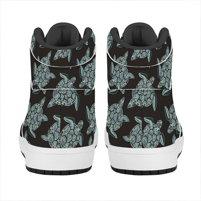 Blue And Black Sea Turtle Pattern Print High Top Leather Sneakers