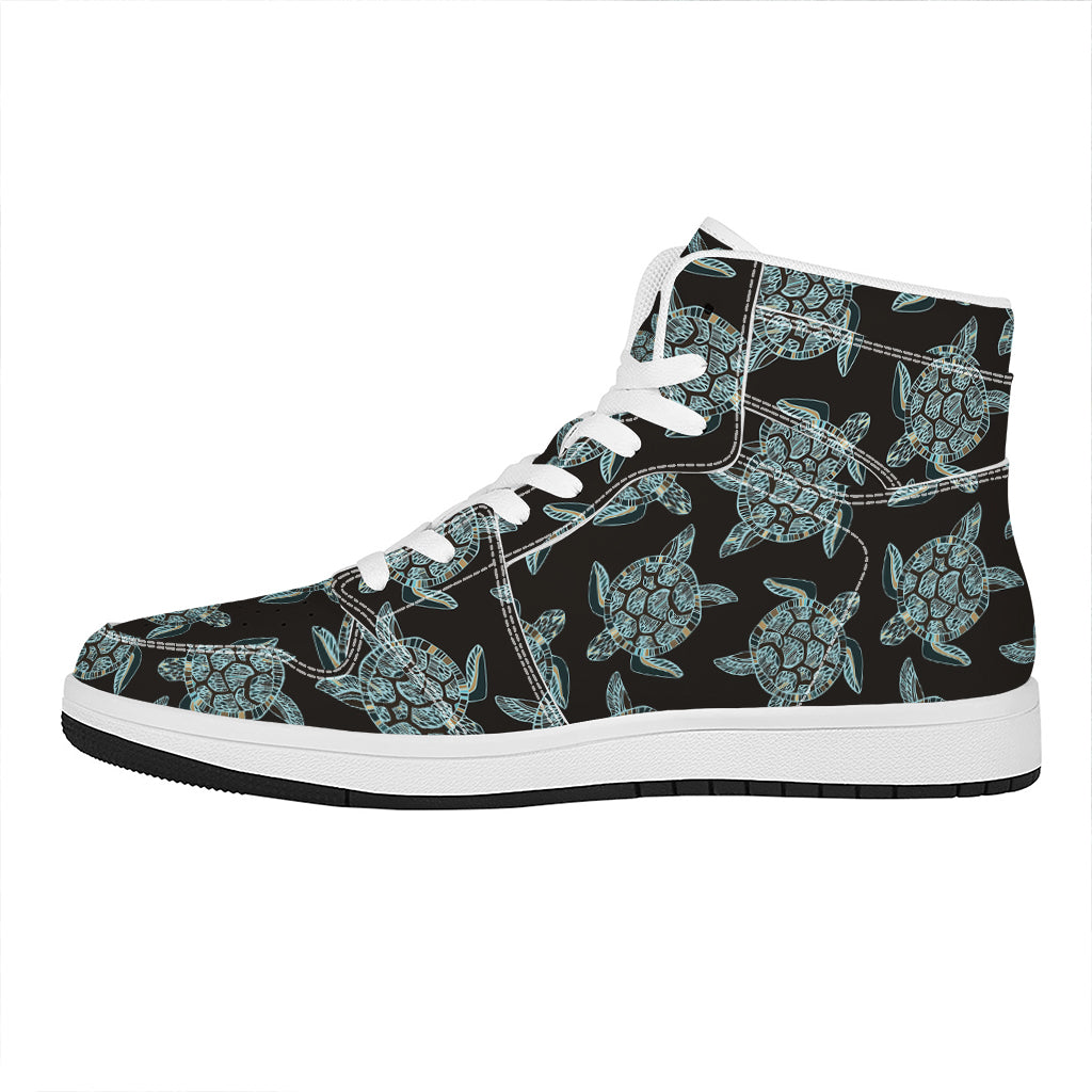 Blue And Black Sea Turtle Pattern Print High Top Leather Sneakers