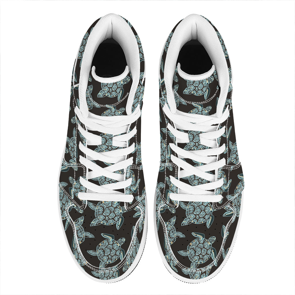Blue And Black Sea Turtle Pattern Print High Top Leather Sneakers