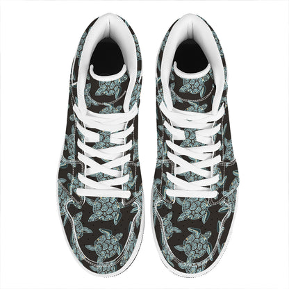 Blue And Black Sea Turtle Pattern Print High Top Leather Sneakers