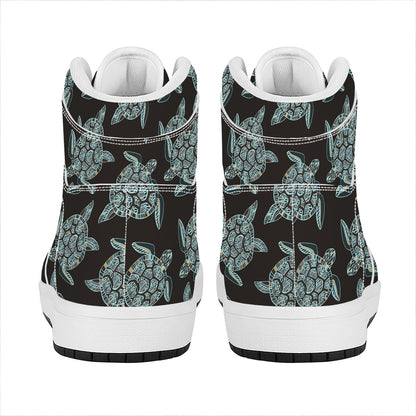 Blue And Black Sea Turtle Pattern Print High Top Leather Sneakers