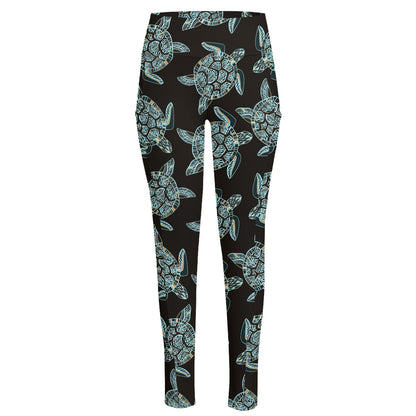 Blue And Black Sea Turtle Pattern Print High-Waisted Pocket Leggings