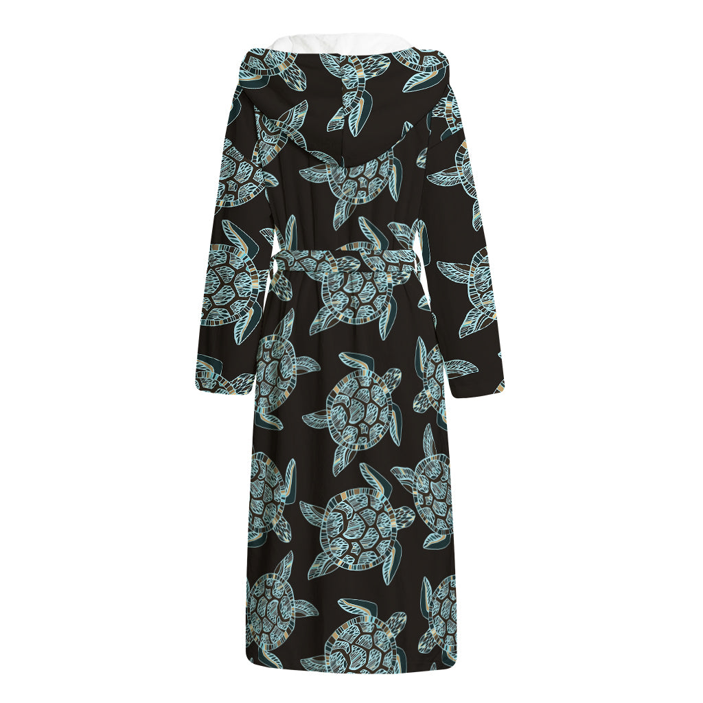 Blue And Black Sea Turtle Pattern Print Hooded Bathrobe