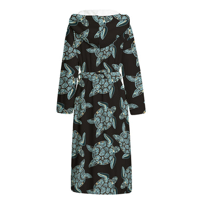 Blue And Black Sea Turtle Pattern Print Hooded Bathrobe