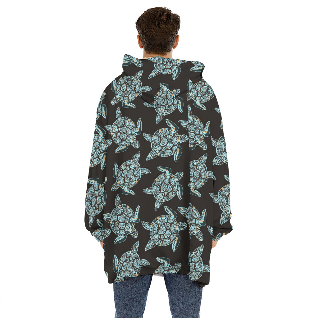 Blue And Black Sea Turtle Pattern Print Hoodie Blanket