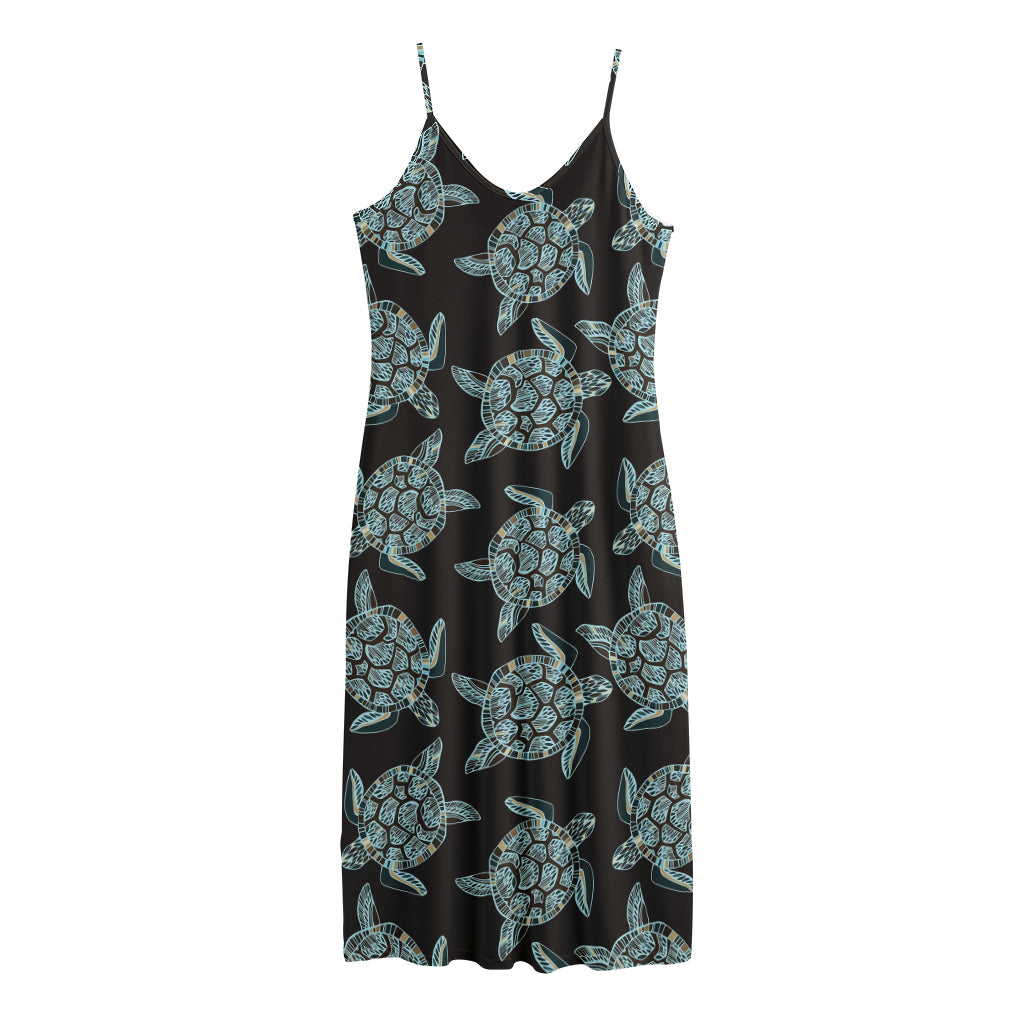 Blue And Black Sea Turtle Pattern Print Jersey Midi Cami Dress