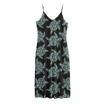 Blue And Black Sea Turtle Pattern Print Jersey Midi Cami Dress