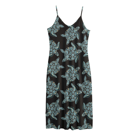 Blue And Black Sea Turtle Pattern Print Jersey Midi Cami Dress