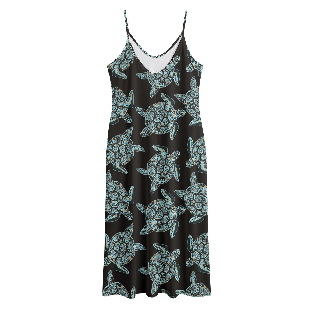Blue And Black Sea Turtle Pattern Print Jersey Midi Cami Dress