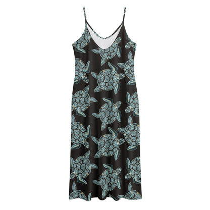 Blue And Black Sea Turtle Pattern Print Jersey Midi Cami Dress