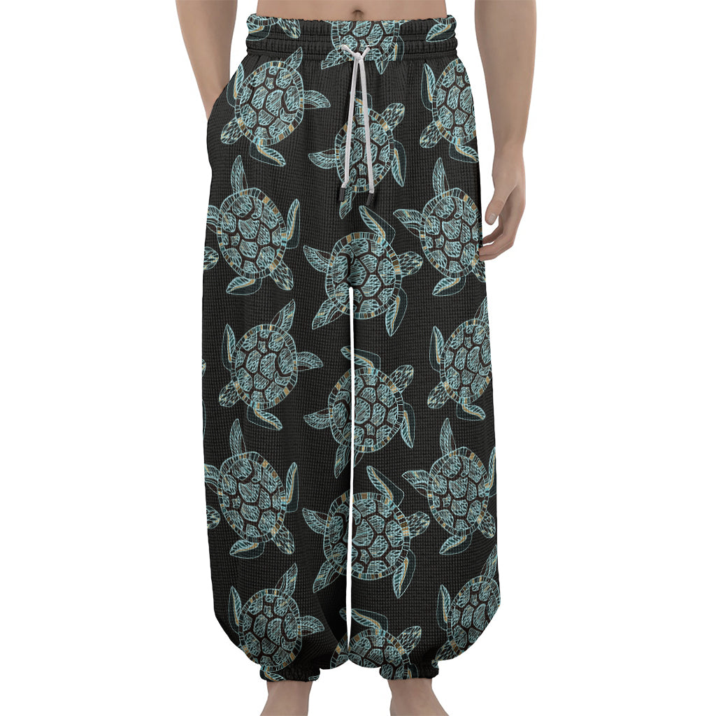 Blue And Black Sea Turtle Pattern Print Lantern Pants