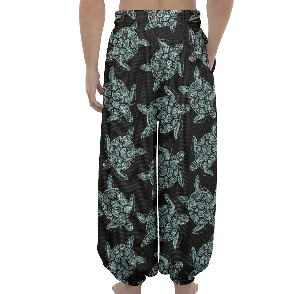 Blue And Black Sea Turtle Pattern Print Lantern Pants