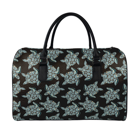 Blue And Black Sea Turtle Pattern Print Leather Duffle Bag