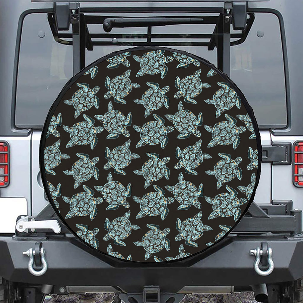 Blue And Black Sea Turtle Pattern Print Leather Spare Tire Cover