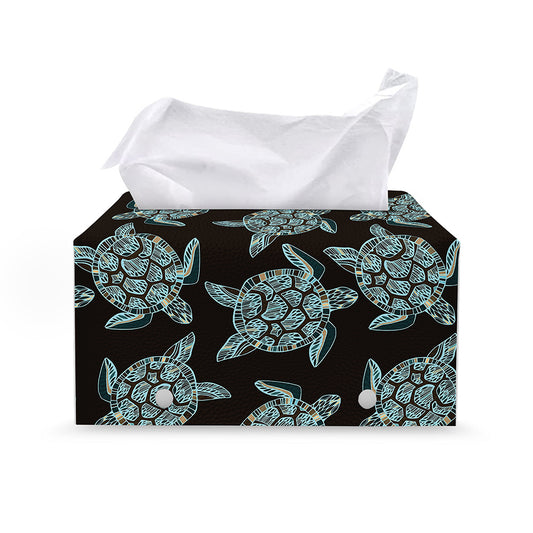 Blue And Black Sea Turtle Pattern Print Leather Tissue Box Cover