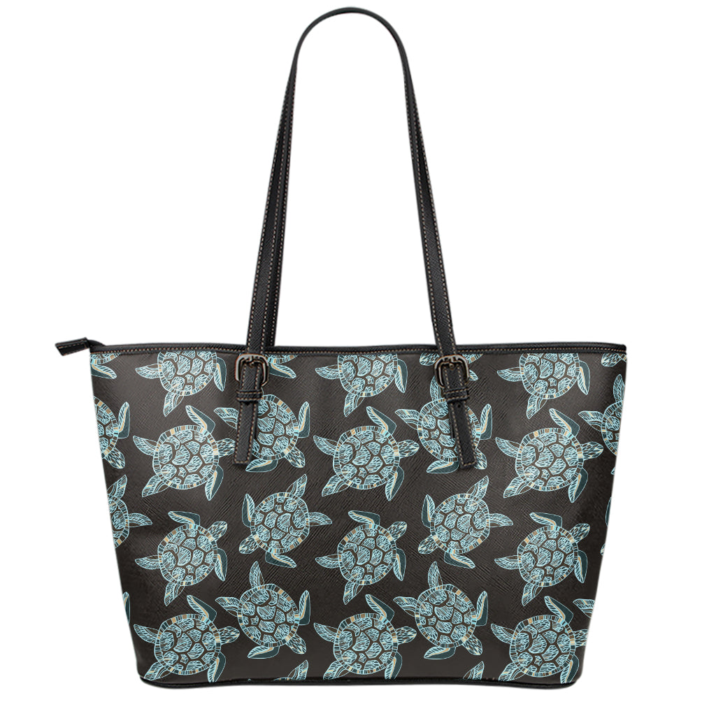 Blue And Black Sea Turtle Pattern Print Leather Tote Bag