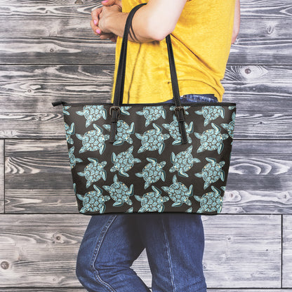 Blue And Black Sea Turtle Pattern Print Leather Tote Bag