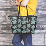 Blue And Black Sea Turtle Pattern Print Leather Tote Bag