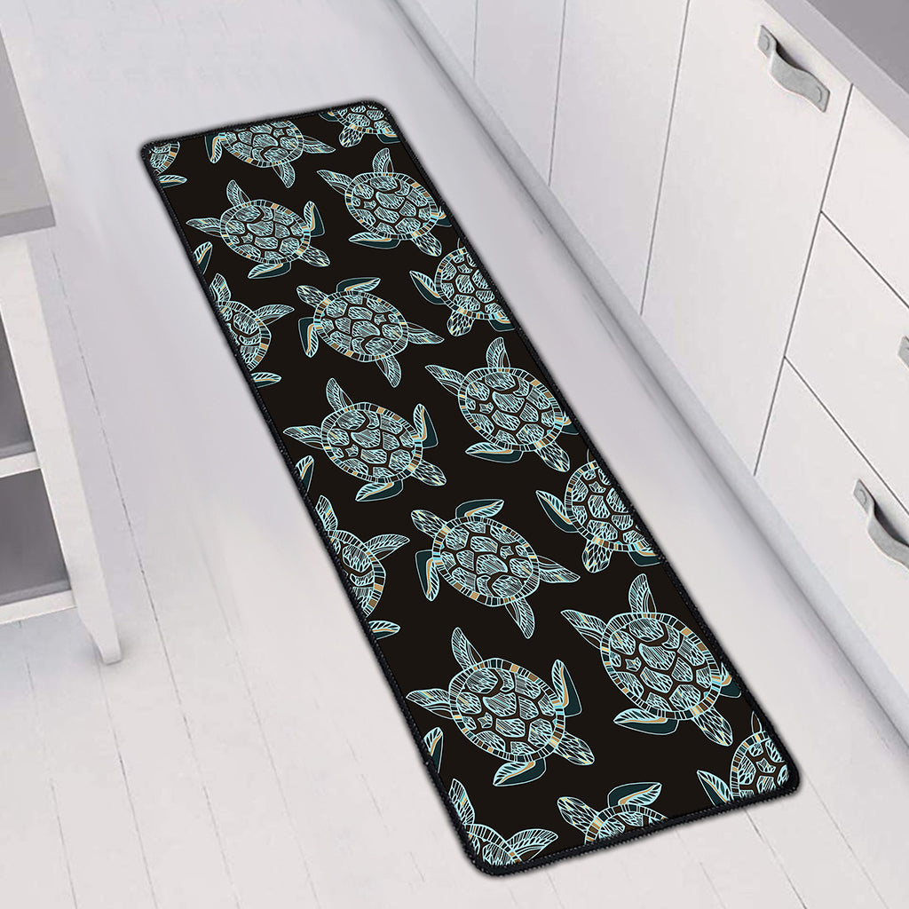Blue And Black Sea Turtle Pattern Print Long Kitchen Mat