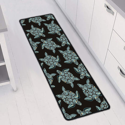 Blue And Black Sea Turtle Pattern Print Long Kitchen Mat