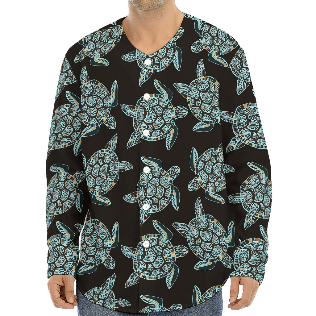 Blue And Black Sea Turtle Pattern Print Long Sleeve Baseball Jersey