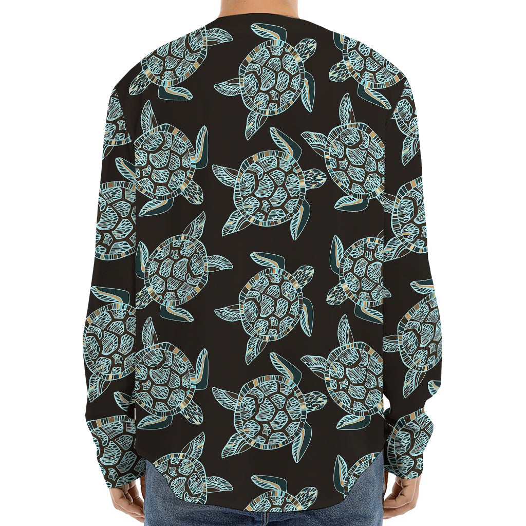 Blue And Black Sea Turtle Pattern Print Long Sleeve Baseball Jersey