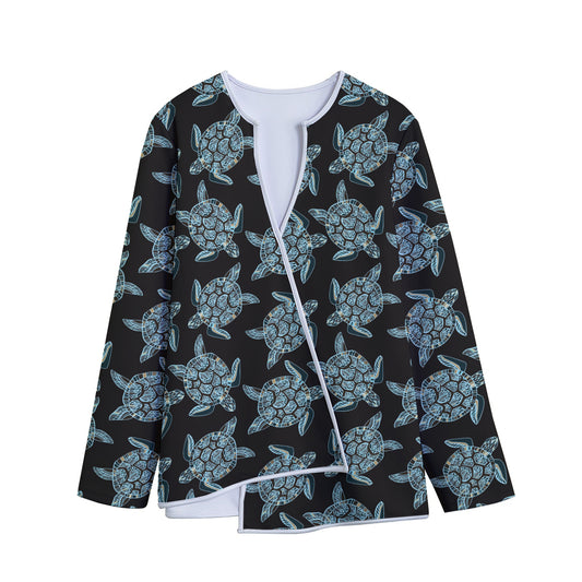 Blue And Black Sea Turtle Pattern Print Long Sleeve Short Coat