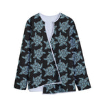 Blue And Black Sea Turtle Pattern Print Long Sleeve Short Coat