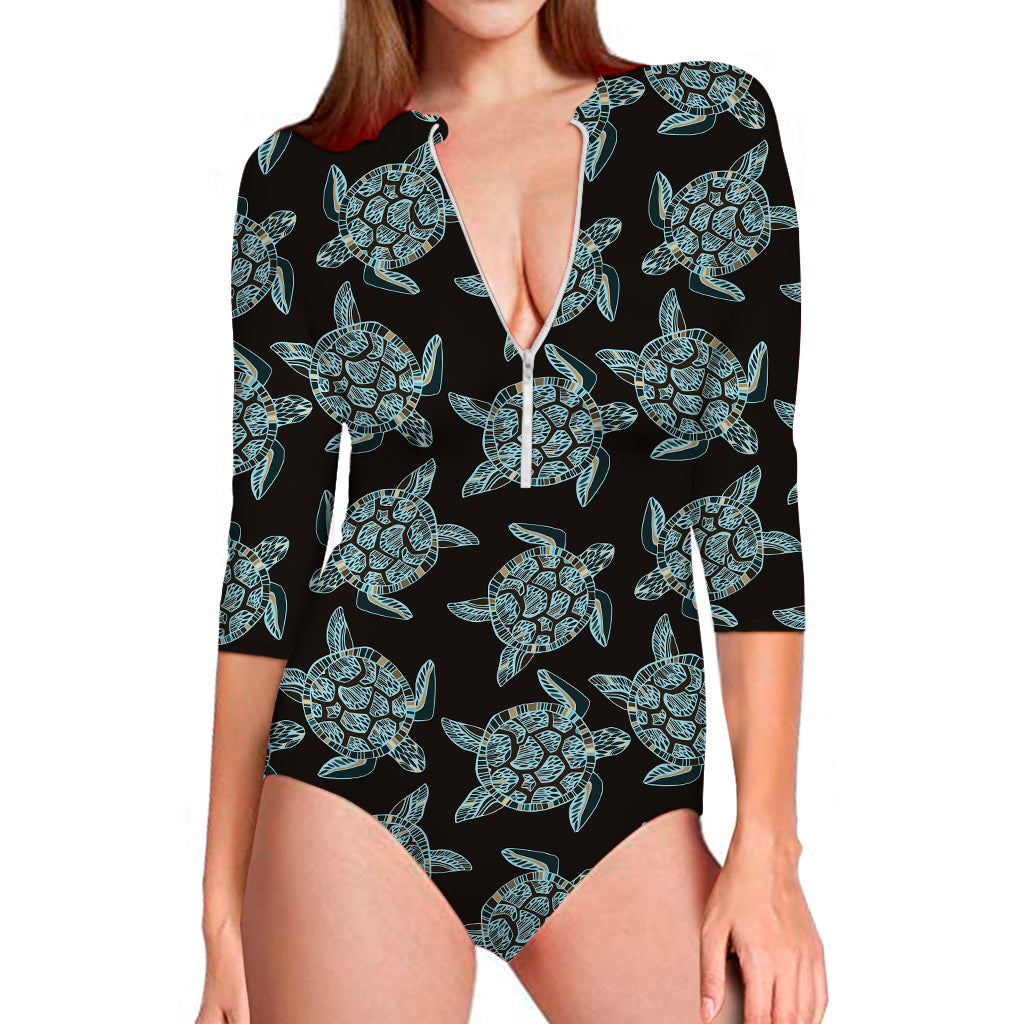 Blue And Black Sea Turtle Pattern Print Long Sleeve Swimsuit