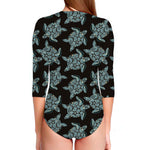 Blue And Black Sea Turtle Pattern Print Long Sleeve Swimsuit