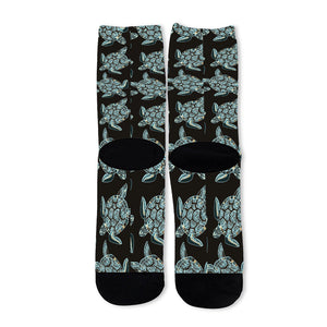 Blue And Black Sea Turtle Pattern Print Long Socks