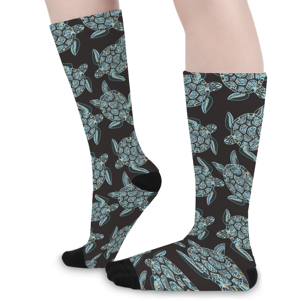 Blue And Black Sea Turtle Pattern Print Long Socks