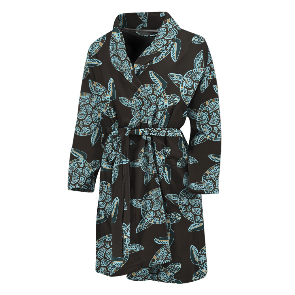 Blue And Black Sea Turtle Pattern Print Men's Bathrobe