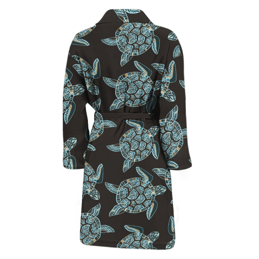 Blue And Black Sea Turtle Pattern Print Men's Bathrobe