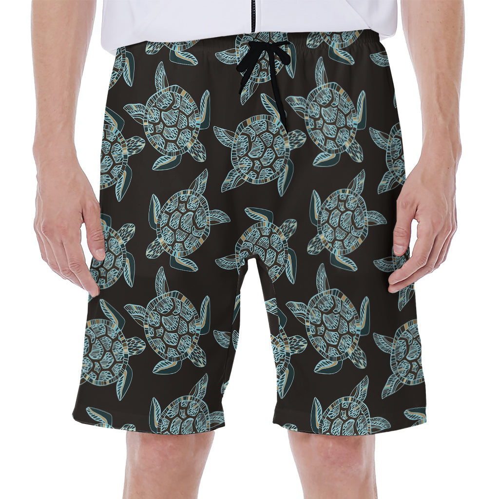 Blue And Black Sea Turtle Pattern Print Men's Beach Shorts