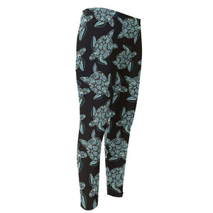 Blue And Black Sea Turtle Pattern Print Men's Compression Pants