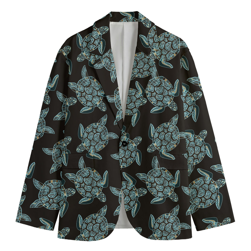 Blue And Black Sea Turtle Pattern Print Men's Cotton Blazer