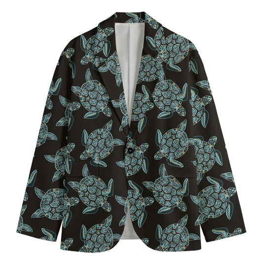 Blue And Black Sea Turtle Pattern Print Men's Cotton Blazer