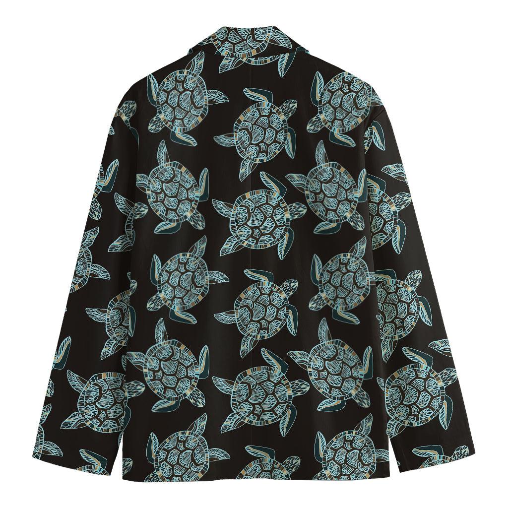 Blue And Black Sea Turtle Pattern Print Men's Cotton Blazer
