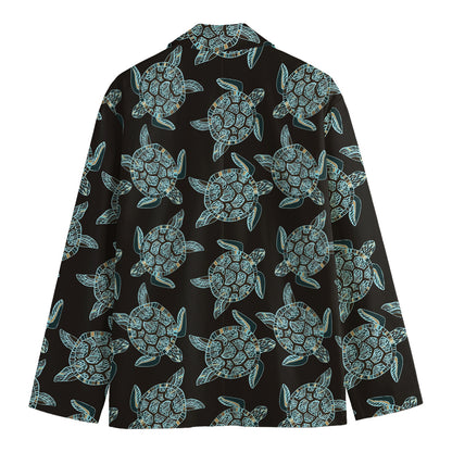 Blue And Black Sea Turtle Pattern Print Men's Cotton Blazer