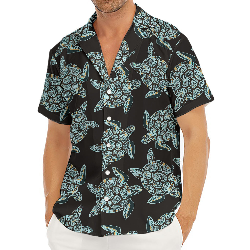 Blue And Black Sea Turtle Pattern Print Men's Deep V-Neck Shirt
