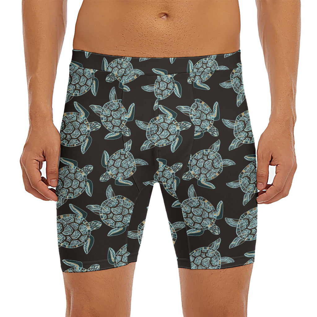 Blue And Black Sea Turtle Pattern Print Men's Long Boxer Briefs
