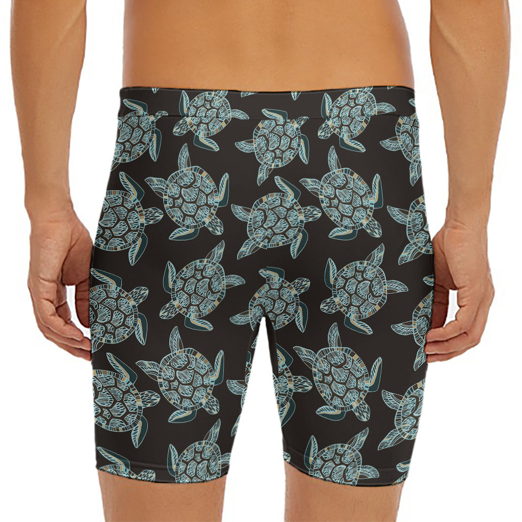Blue And Black Sea Turtle Pattern Print Men's Long Boxer Briefs