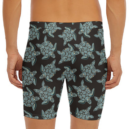 Blue And Black Sea Turtle Pattern Print Men's Long Boxer Briefs