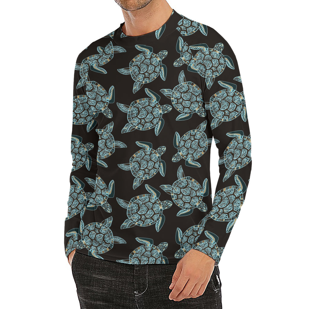 Blue And Black Sea Turtle Pattern Print Men's Long Sleeve Rash Guard