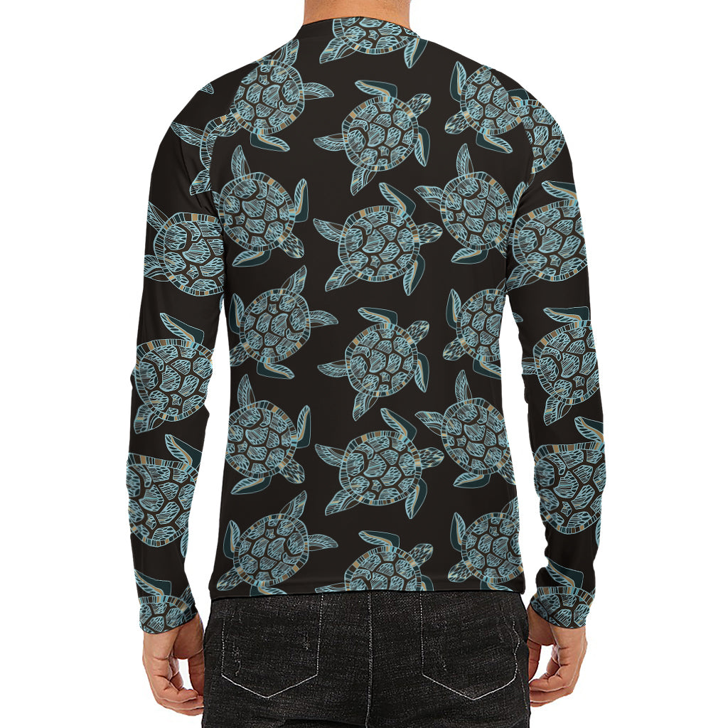 Blue And Black Sea Turtle Pattern Print Men's Long Sleeve Rash Guard