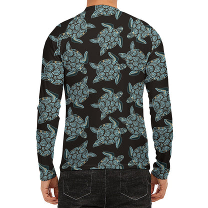 Blue And Black Sea Turtle Pattern Print Men's Long Sleeve Rash Guard