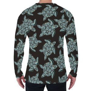 Blue And Black Sea Turtle Pattern Print Men's Long Sleeve T-Shirt