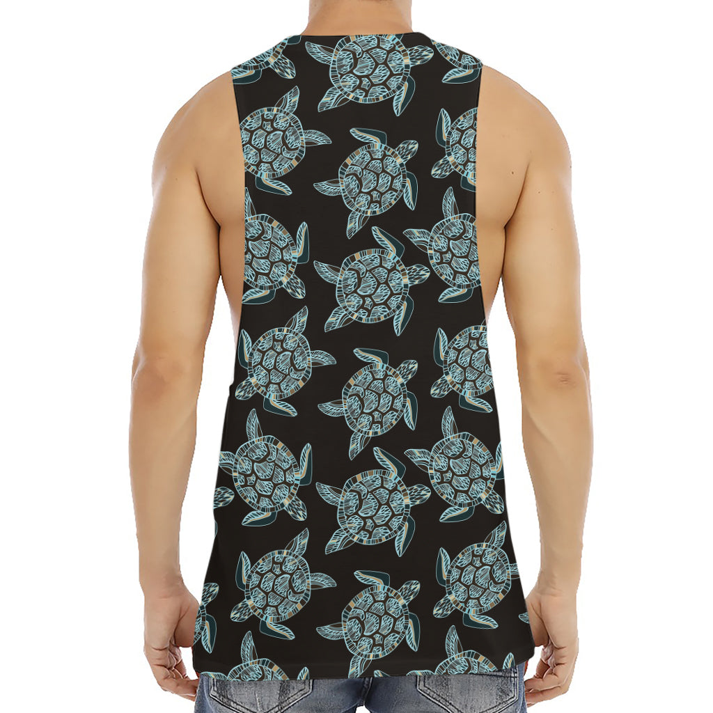 Blue And Black Sea Turtle Pattern Print Men's Muscle Tank Top